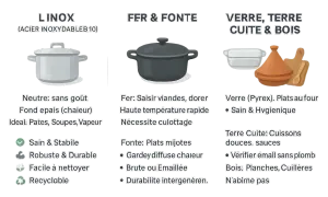 Comparaison de ustensiles de cuisine : inox, fer/fonte, verre/terre cuite/bois pour savoir quel moule choisir sans danger.