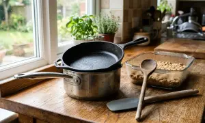 Un type de casserole en fonte repose sur une casserole en acier inoxydable. Une spatule et une cuillère en bois sont à côté d'un plat en verre rempli d'ingrédients.