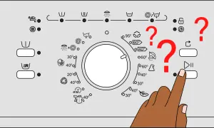 Main d'une personne appuyant sur le bouton "Play/Pause" d'une machine à laver. Des points d'interrogation rouges indiquent une confusion sur le signe lavage machine.