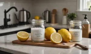 Sur un plan de travail, des citrons et des bocaux de mélange savon noir et bicarbonate de soude, prêts pour un nettoyage naturel.
