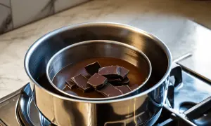 Chocolat noir en morceaux fondant doucement dans un bain-marie eau chaude.
