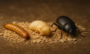 Un ver de farine, une nymphe et un scarabée adulte sur un lit de miettes. Le cycle de vie du ver de farine dans la maison.