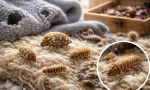 Insectes nuisibles dans la maison : des larves et des adultes de dermestes sur un tapis de laine, causant des dégâts.