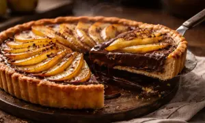 Une part de tarte poire chocolat dégouline de ganache onctueuse, surmontée de fines lamelles de poire caramélisées.