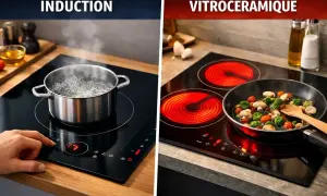 Comparaison : une plaque à induction avec une casserole d'eau bouillante et une plaque vitrocéramique avec une poêle de légumes. Découvrez comment fonctionne une plaque vitrocéramique.
