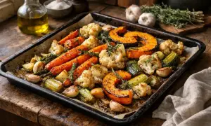 Plateau de légumes rôtis : carottes, courge, chou-fleur, courgettes et ail, parfaits pour une recette avec des légumes frais.