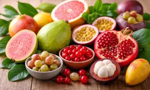 Un assortiment coloré de fruits frais, dont une grenade éclatée, des fruits de la passion, des goyaves et des groseilles, forme un festin visuel.