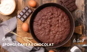Un gâteau au chocolat tout juste sorti du four, prêt à être dégusté. Les ingrédients pour sa cuisson sont disposés autour : œufs, chocolat, farine.
