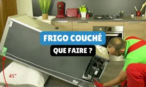 Un homme en tenue de travail vérifie un frigo couché sur le côté, posé sur un coussin. La question "Peut-on transporter un frigo couché ?" est affichée.