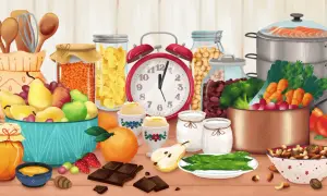 Un joyeux assortiment de fruits et légumes en vrac, avec du miel, des œufs, des noix et des ustensiles de cuisine.