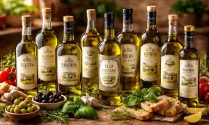 Plusieurs bouteilles d'huile d'olive, accompagnées d'olives, d'ail, de pain et d'herbes, suggèrent quelle est la meilleure huile d'olive pour sublimer ces saveurs.