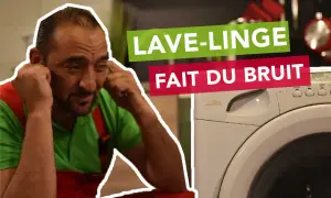 Un homme se bouche les oreilles à côté d'une machine à laver qui fait du bruit à l'essorage. Le texte "LAVE-LINGE FAIT DU BRUIT" est superposé.