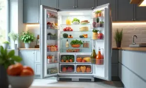 Réfrigérateur bien rempli de fruits et légumes frais, un gage de bonne durée de vie frigo et d'une alimentation saine.