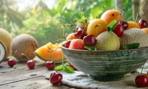 Un bol rempli de fruit en c, cerises, melons, abricots et citrons, sur une table en bois avec un fond tropical.