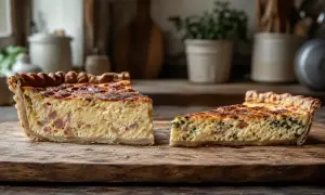 Deux parts de quiche lorraine, garnies de lardons et d'une touche d'épinards, reposent sur une planche en bois rustique.