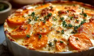 Un délicieux gratin de patates douces au four, doré et gratiné, garni de thym frais et de poivre noir.