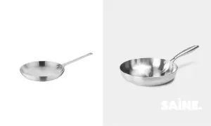 Deux poêles en aluminium, idéales pour une cuisine santé. L'une est vue de dessus, l'autre de côté avec le logo SAINE.