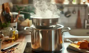 Deux casseroles en acier inoxydable sont empilées, la plus petite au-dessus de la plus grande, pour réchauffer au bain-marie. La vapeur s'échappe de la casserole supérieure.
