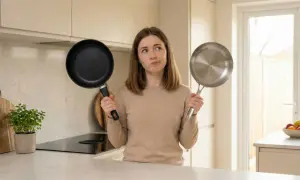 Une femme hésite entre une poêle en fonte et une poêle en inox. Quel ustensile représente un poêle en fonte danger ?