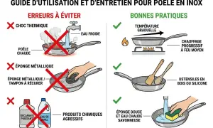 Guide d'utilisation poêle inox : éviter choc thermique, éponge métallique, produits agressifs. Danger ! Privilégier chauffe progressive, ustensiles bois/silicone, nettoyage doux.