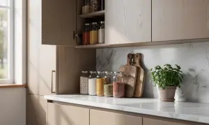 Des bocaux en verre remplis de grains et de légumineuses, parfaits pour organiser sa cuisine. Deux planches à découper en bois et une plante verte complètent la scène.