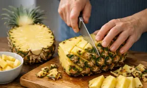 Des mains coupent un ananas en dés sur une planche en bois. Une moitié d'ananas et un bol de morceaux sont visibles. Apprenez comment couper un ananas facilement.