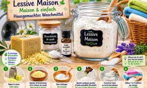 Recette de lessive maison sans bicarbonate : savon de Marseille râpé, cristaux de soude, et huile essentielle. Facile et économique pour un linge propre.