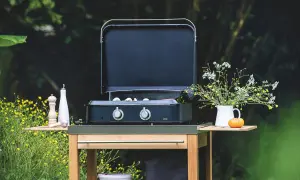Plancha ou barbecue prêt pour un repas en plein air, avec des ingrédients sur le côté et un bouquet de fleurs sauvages.