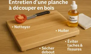 Conseils pour comment traiter une planche à découper en bois : nettoyer, huiler, sécher debout pour éviter taches et fissures.