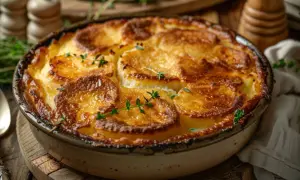 Gratin de topinambours à la poêle, doré et croustillant, garni de thym frais. Un délice réconfortant.