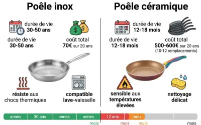 Comparaison poêle inox (30-50 ans de vie, 70€/20 ans) et poêle céramique (12-18 mois, sensible aux températures élevées, nettoyage délicat). Le poêle en inox, bien que plus cher à l'achat, est un investissement durable.