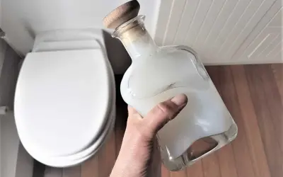Main tenant une bouteille en verre remplie d'un produit wc maison, prêt à nettoyer la cuvette blanche.