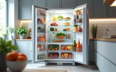 Réfrigérateur bien rempli de fruits et légumes frais, un gage de bonne durée de vie frigo et d'une alimentation saine.
