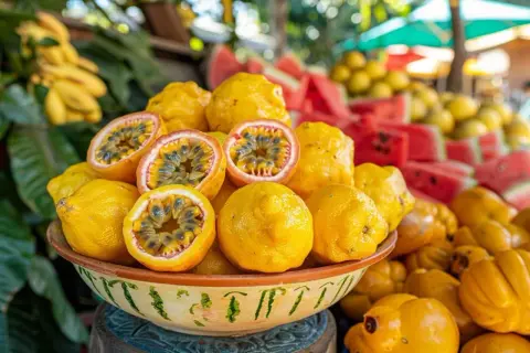 Un bol rempli de fruits jaunes, dont des fruits de la passion coupés révélant leur pulpe juteuse. Derrière, des pastèques et d'autres fruits en y.