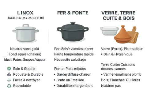 Comparaison de ustensiles de cuisine : inox, fer/fonte, verre/terre cuite/bois pour savoir quel moule choisir sans danger.