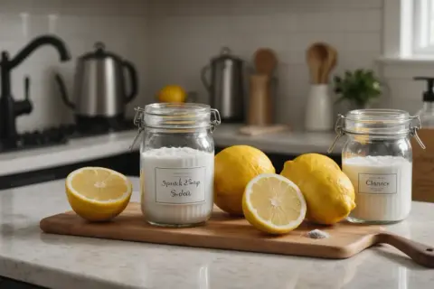 Sur un plan de travail, des citrons et des bocaux de mélange savon noir et bicarbonate de soude, prêts pour un nettoyage naturel.