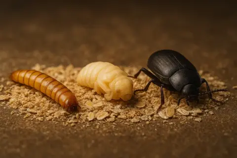 Un ver de farine, une nymphe et un scarabée adulte sur un lit de miettes. Le cycle de vie du ver de farine dans la maison.