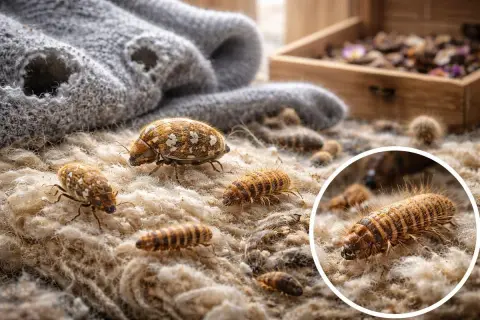 Insectes nuisibles dans la maison : des larves et des adultes de dermestes sur un tapis de laine, causant des dégâts.