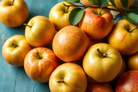 Un tas de pommes dorées et rouges, prêtes à être transformées en une délicieuse pomme à la poêle.