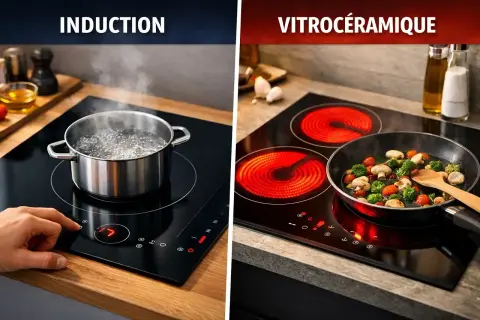 Comparaison : une plaque à induction avec une casserole d'eau bouillante et une plaque vitrocéramique avec une poêle de légumes. Découvrez comment fonctionne une plaque vitrocéramique.