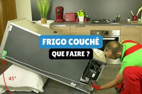 Un homme en tenue de travail vérifie un frigo couché sur le côté, posé sur un coussin. La question "Peut-on transporter un frigo couché ?" est affichée.