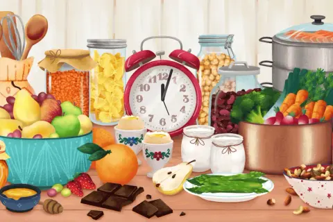 Un joyeux assortiment de fruits et légumes en vrac, avec du miel, des œufs, des noix et des ustensiles de cuisine.