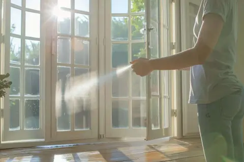 Une personne ouvre une porte-fenêtre pour aérer après avoir utilisé un insecticide. La lumière du soleil traverse les vitres.