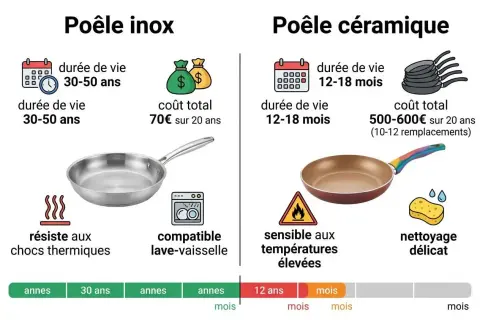 Comparaison poêle inox (30-50 ans de vie, 70€/20 ans) et poêle céramique (12-18 mois, sensible aux températures élevées, nettoyage délicat). Le poêle en inox, bien que plus cher à l'achat, est un investissement durable.