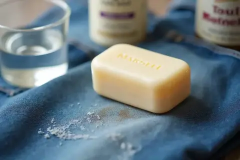 Une tache sur pantalon de jean, avec du savon et du bicarbonate de soude pour la nettoyer.
