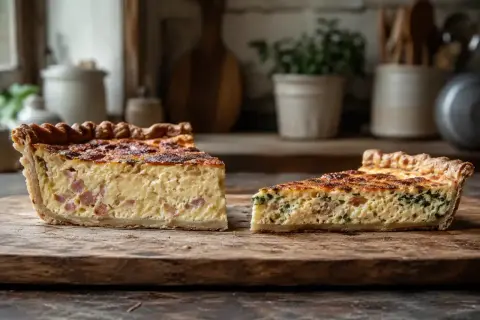Deux parts de quiche lorraine, garnies de lardons et d'une touche d'épinards, reposent sur une planche en bois rustique.