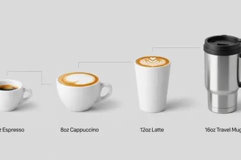 Comparaison de la taille tasse à café : espresso, cappuccino, latte et mug de voyage.