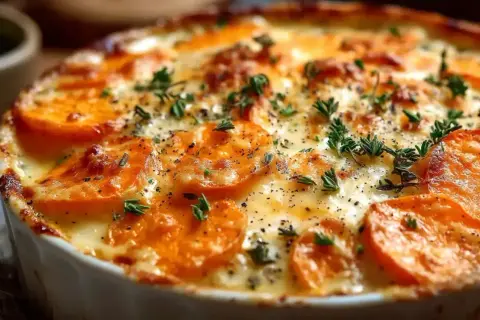 Un délicieux gratin de patates douces au four, doré et gratiné, garni de thym frais et de poivre noir.