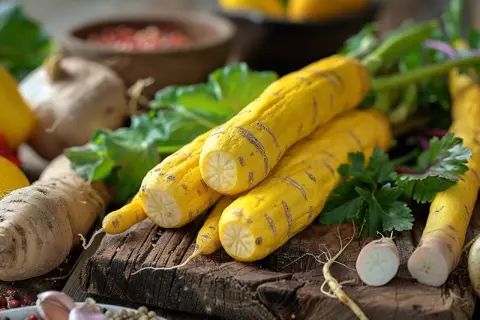 Trois longs légumes jaunes, ressemblant à des carottes rayées, sont posés sur une planche en bois. Un autre légume en y est coupé en deux.