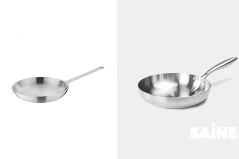 Deux poêles en aluminium, idéales pour une cuisine santé. L'une est vue de dessus, l'autre de côté avec le logo SAINE.
